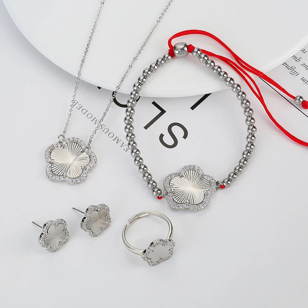 18K Gold Luxury High Quality Diamond Stainless Steel Chain Plant Flower Pendant Necklace Earrings Ring Bracelet Set