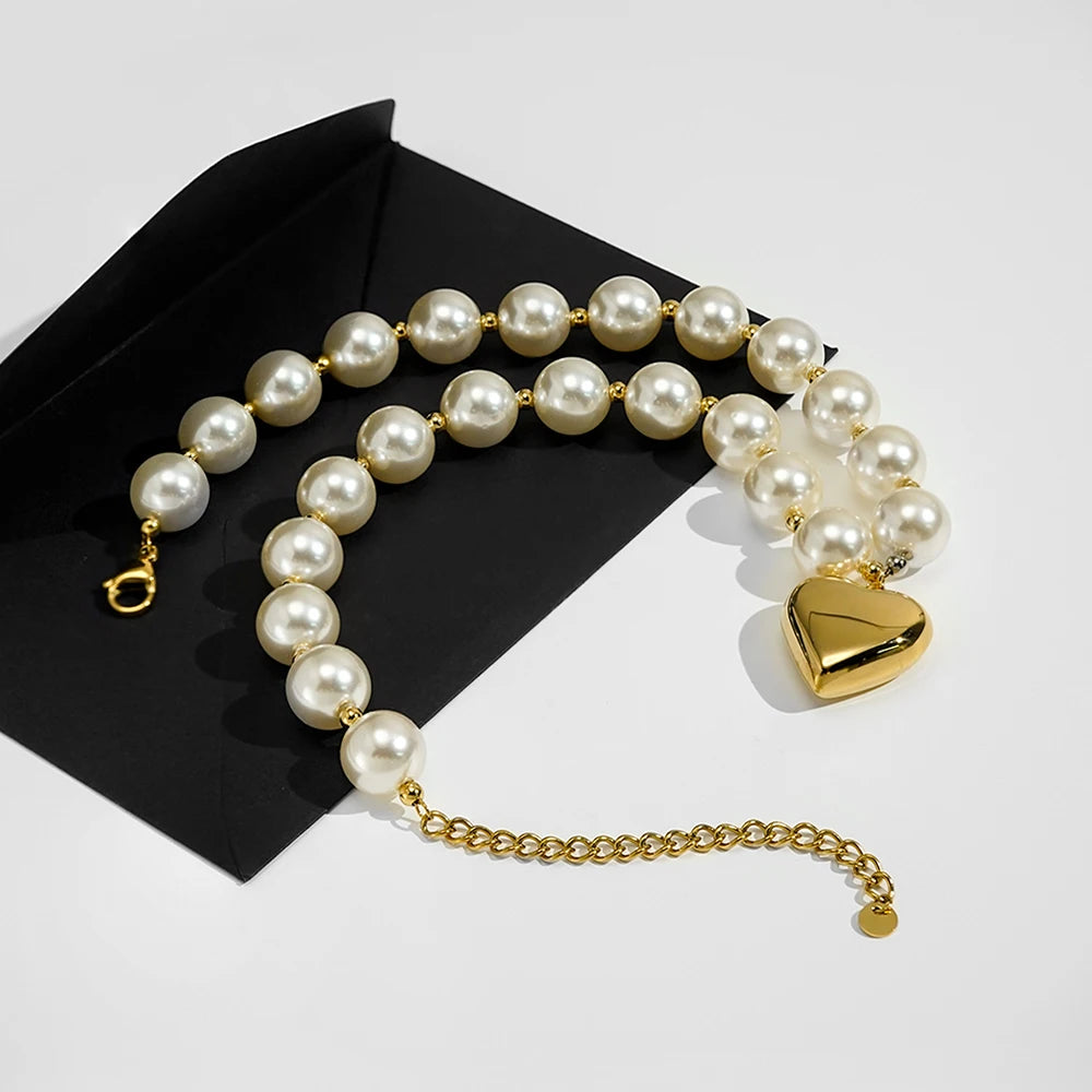 FASHION 14MM Pearls Heart Pendant Necklace For Women's Stainless Steel 18K Plated Gold Fashion Dating Jewelry P3548