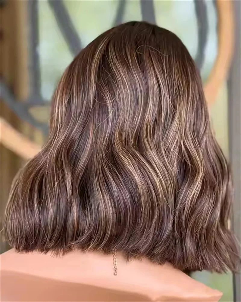 Wear Go Glueless Wigs Collection Natural Human Hair Wig Short Bob Wigs Brown Honey Blonde Highlights Women Lace Frontal Wig Glueless Easy to Wear Wet Wavy Hair