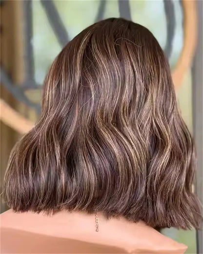 Wear Go Glueless Wigs Collection Natural Human Hair Wig Short Bob Wigs Brown Honey Blonde Highlights Women Lace Frontal Wig Glueless Easy to Wear Wet Wavy Hair