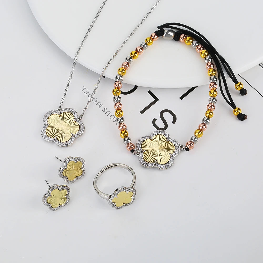 18K Gold Luxury High Quality Diamond Stainless Steel Chain Plant Flower Pendant Necklace Earrings Ring Bracelet Set