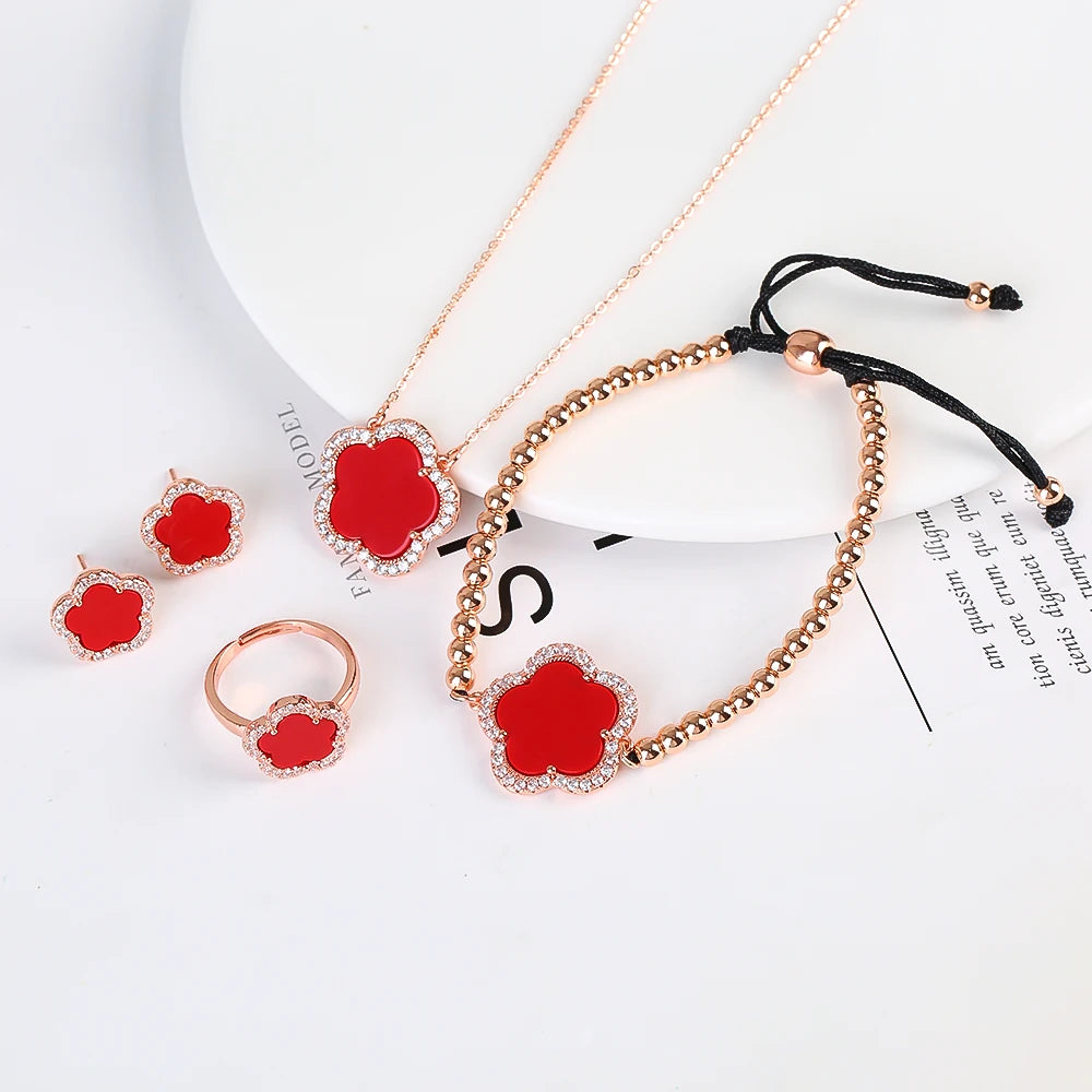 18K Gold Luxury High Quality Diamond Stainless Steel Chain Plant Flower Pendant Necklace Earrings Ring Bracelet Set