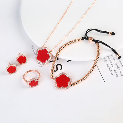 18K Gold Luxury High Quality Diamond Stainless Steel Chain Plant Flower Pendant Necklace Earrings Ring Bracelet Set