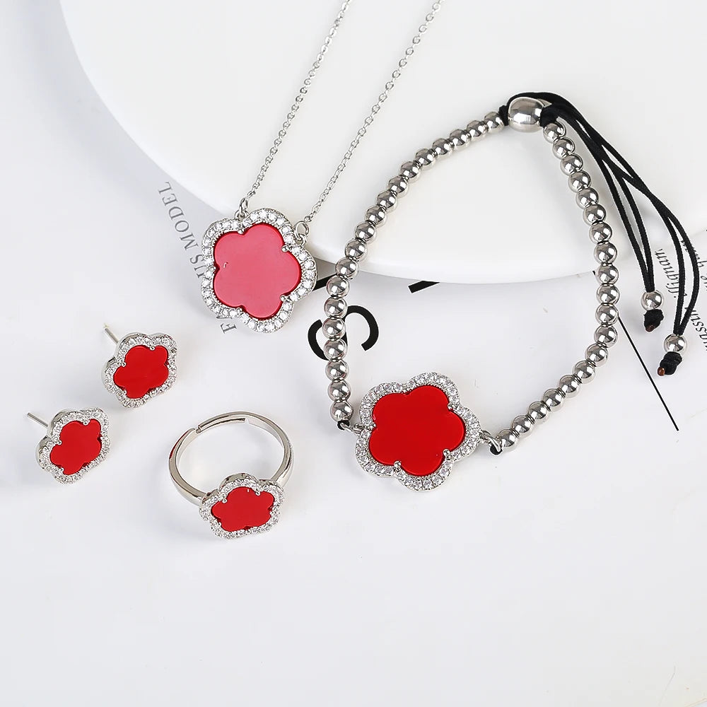 18K Gold Luxury High Quality Diamond Stainless Steel Chain Plant Flower Pendant Necklace Earrings Ring Bracelet Set