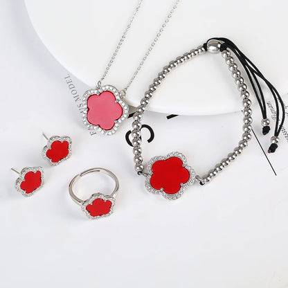 18K Gold Luxury High Quality Diamond Stainless Steel Chain Plant Flower Pendant Necklace Earrings Ring Bracelet Set