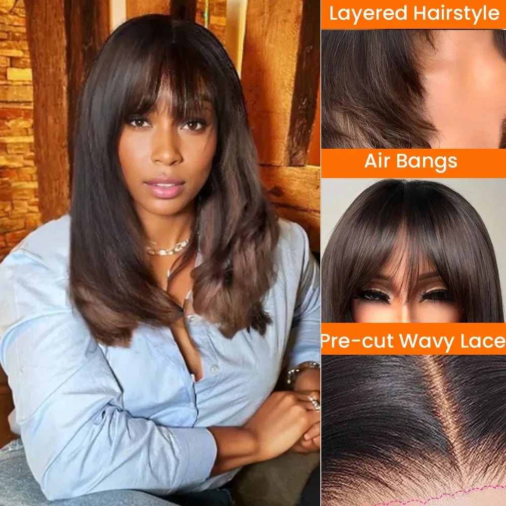 Wear Go Glueless Wig Collection 7x5 and  4x4 Lace Closure Wigs With Banges Ombre Highlight Brown Color Wigs Glueless 360 Lace Wigs Layered Design