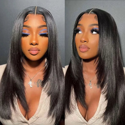 Wear Go Glueless Collection Ombre Brown Color 13x4 Lace Front Layered Wig Remy Brazilian Human Hair Pre Cut Straight Natural Black Frontal Wigs Pre Plucked