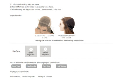 Katherine Collection 13x6 Glueless Lace Front Wig - Brazilian Virgin Hair 16" N325 Wavy Medium Cap