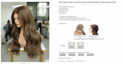 Katherine Collection 13x6 Glueless Lace Front Wig - Brazilian Virgin Hair 20" N157 Wavy S Cap