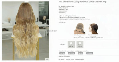 Katherine Collection 13x6 Glueless Lace Front Wig - Brazilian Virgin Hair 18" N324 Wavy Medium Cap