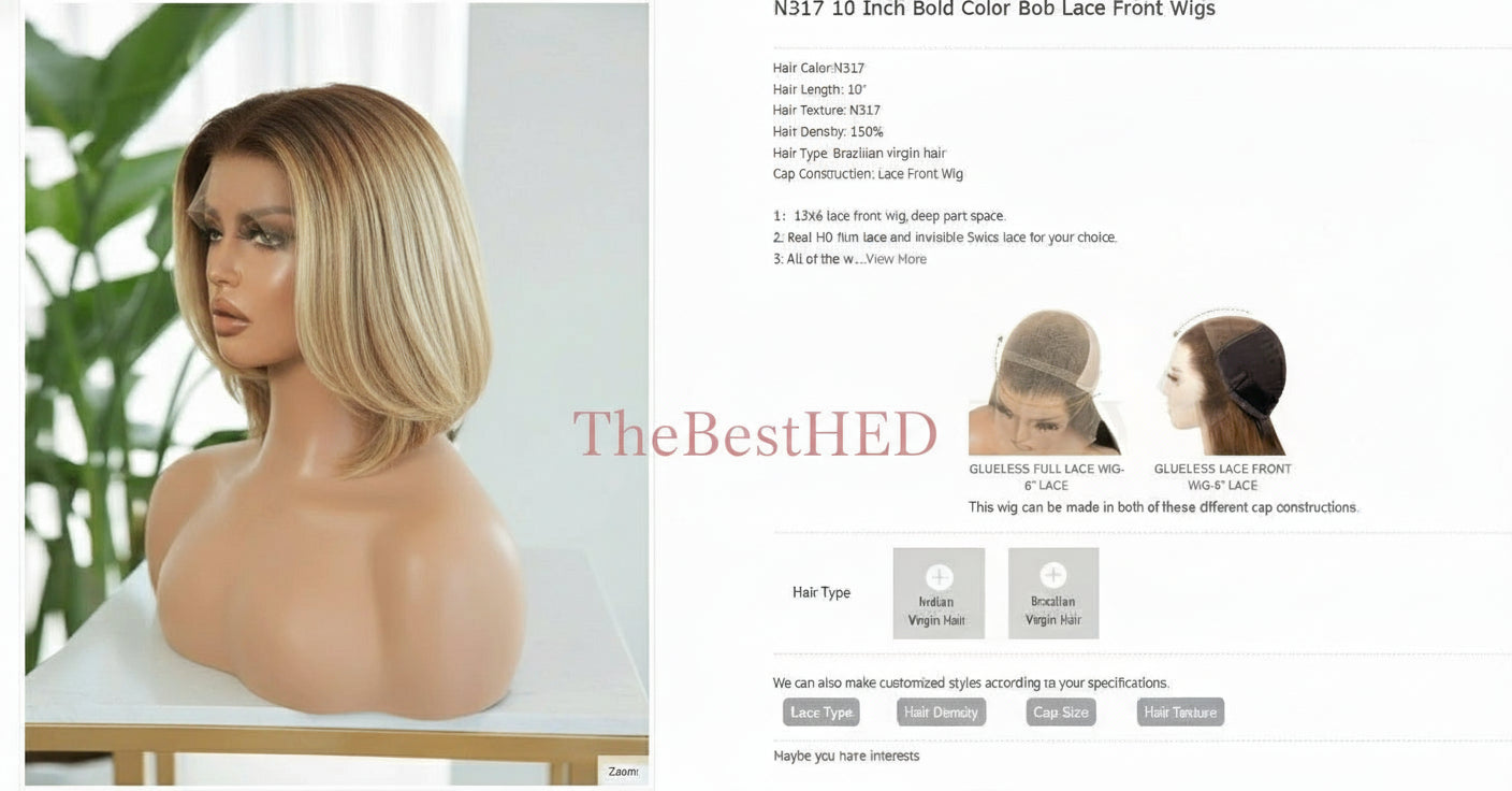 Katherine Collection 13x6 Glueless Lace Front Wig - Brazilian Virgin Hair 10" N317 Bob Cut S Cap