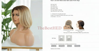 Katherine Collection 13x6 Glueless Lace Front Wig - Brazilian Virgin Hair 10" N317 Bob Cut S Cap