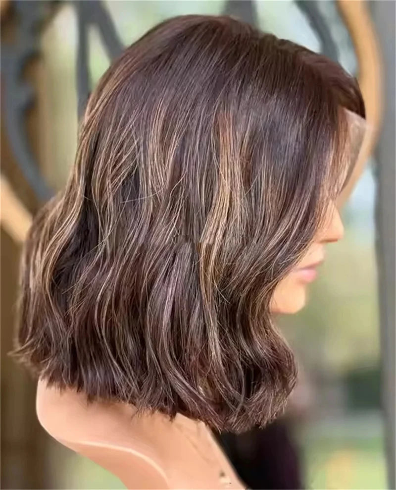 Wear Go Glueless Wigs Collection Natural Human Hair Wig Short Bob Wigs Brown Honey Blonde Highlights Women Lace Frontal Wig Glueless Easy to Wear Wet Wavy Hair