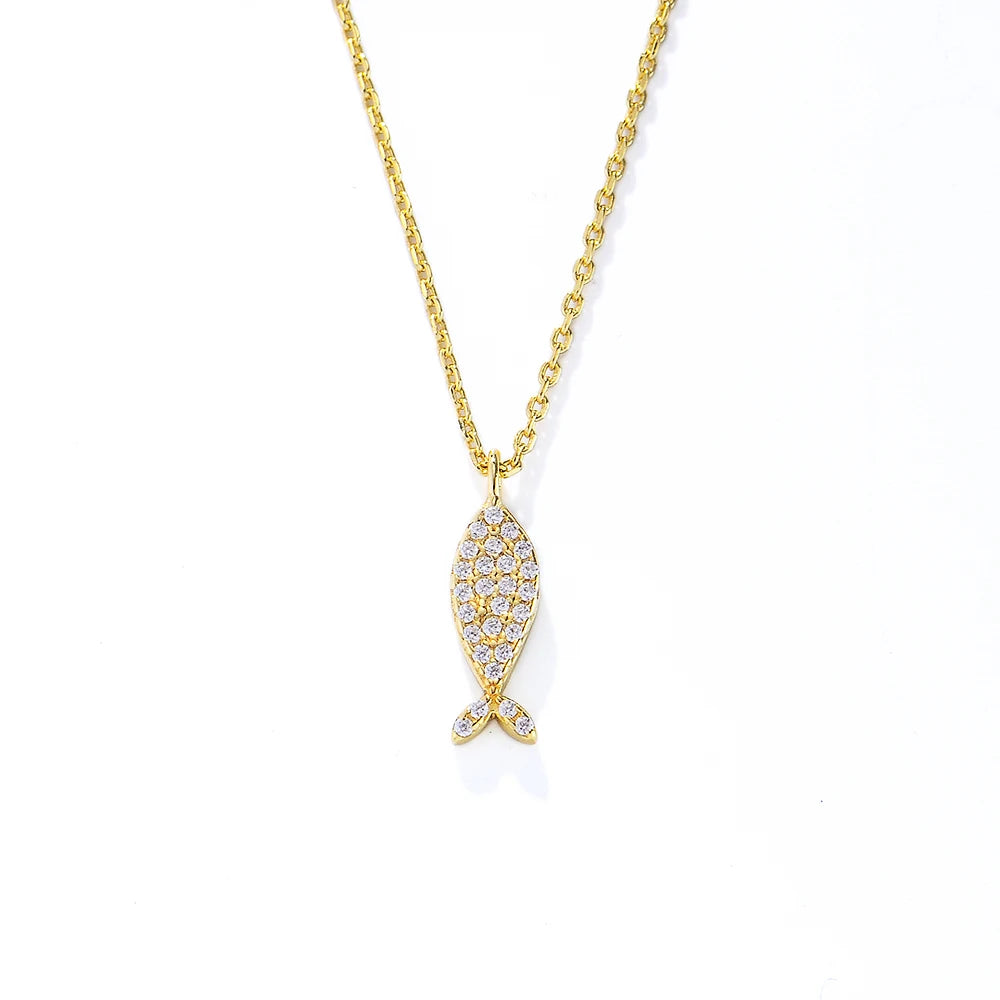 14k gold plated Cute animal Zircon Fish Pendant Necklace jewelry 925 Sterling Silver necklace for Kids Girls