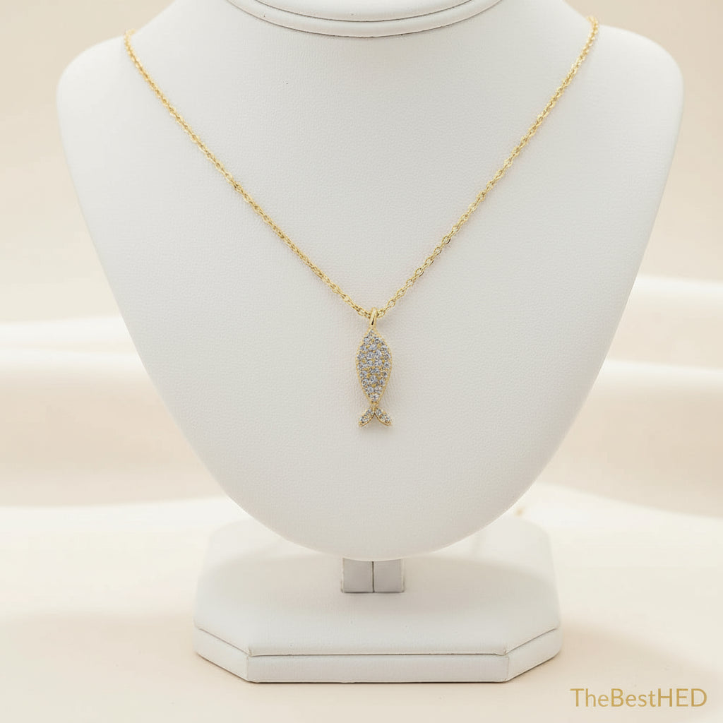 14k gold plated Cute animal Zircon Fish Pendant Necklace jewelry 925 Sterling Silver necklace for Kids Girls