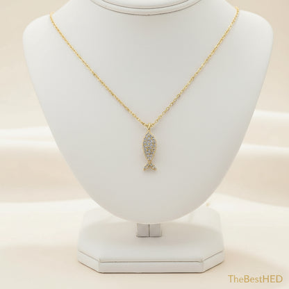 14k gold plated Cute animal Zircon Fish Pendant Necklace jewelry 925 Sterling Silver necklace for Kids Girls