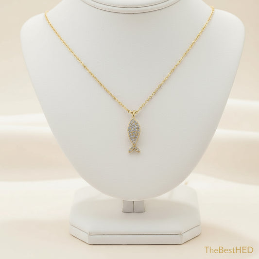 14k gold plated Cute animal Zircon Fish Pendant Necklace jewelry 925 Sterling Silver necklace for Kids Girls