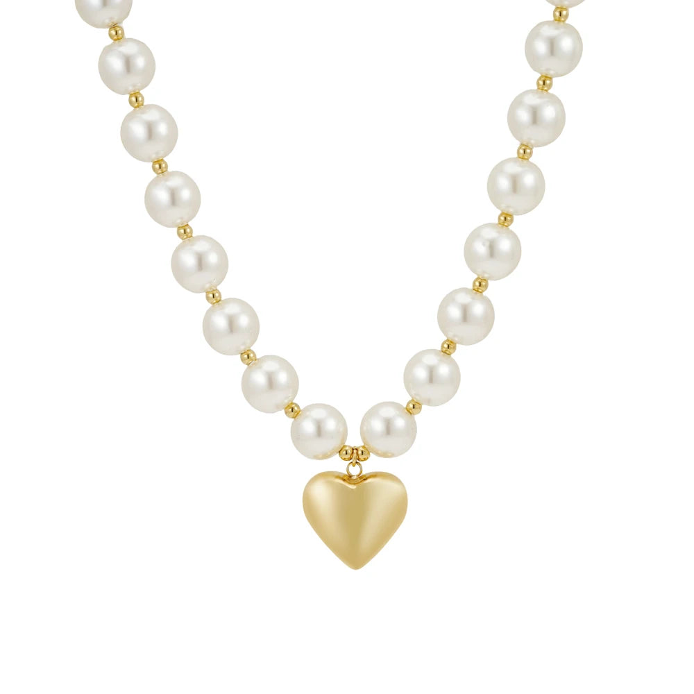 FASHION 14MM Pearls Heart Pendant Necklace For Women's Stainless Steel 18K Plated Gold Fashion Dating Jewelry P3548