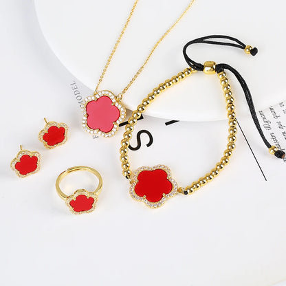 18K Gold Luxury High Quality Diamond Stainless Steel Chain Plant Flower Pendant Necklace Earrings Ring Bracelet Set