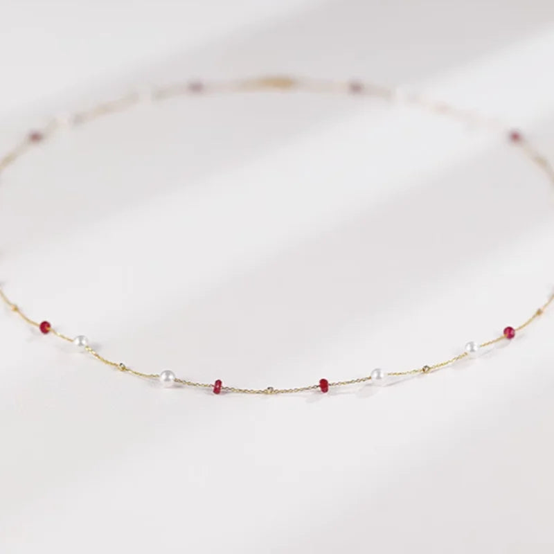 Fine Jewelry 18K Yellow Natural Ruby Freshwater Pearl Necklace Pendant