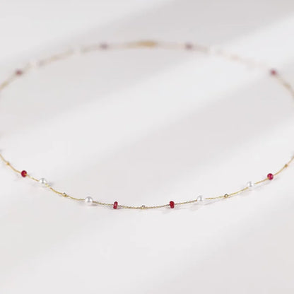 Fine Jewelry 18K Yellow Natural Ruby Freshwater Pearl Necklace Pendant