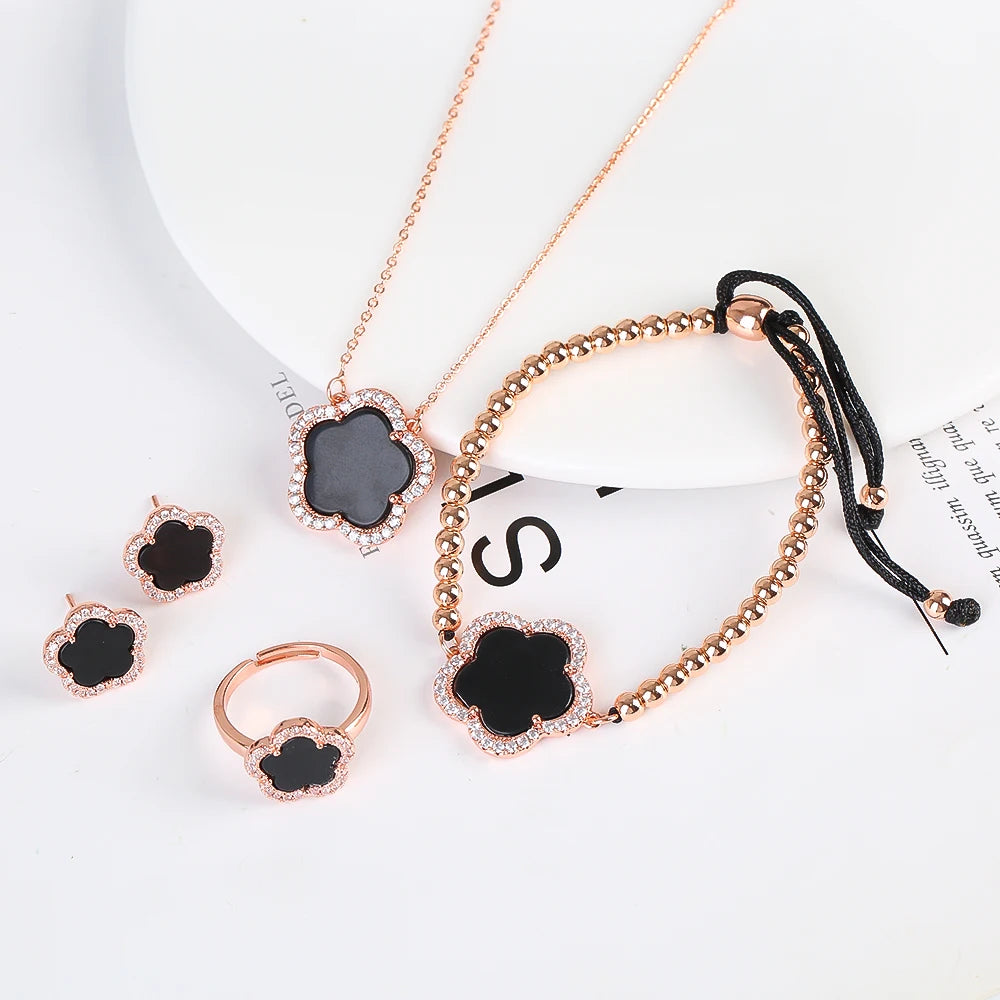 18K Gold Luxury High Quality Diamond Stainless Steel Chain Plant Flower Pendant Necklace Earrings Ring Bracelet Set