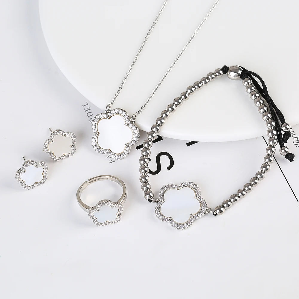 18K Gold Luxury High Quality Diamond Stainless Steel Chain Plant Flower Pendant Necklace Earrings Ring Bracelet Set