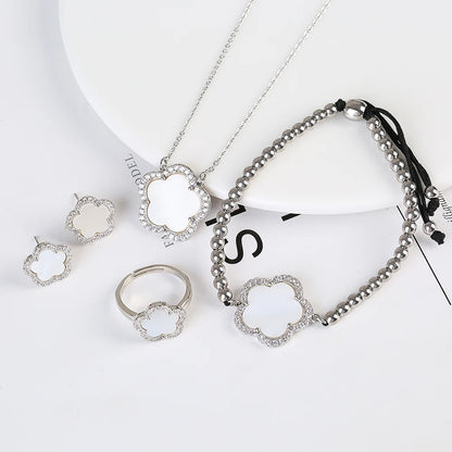 18K Gold Luxury High Quality Diamond Stainless Steel Chain Plant Flower Pendant Necklace Earrings Ring Bracelet Set