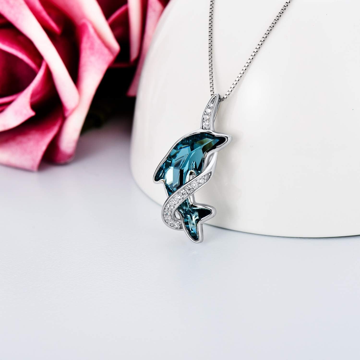 Dolphin Gifts for Women Sterling Silver Dolphin Crystal Pendant Necklace Jewelry Gifts for Women Mom on the Birthday Beach Mothers Day Graduation