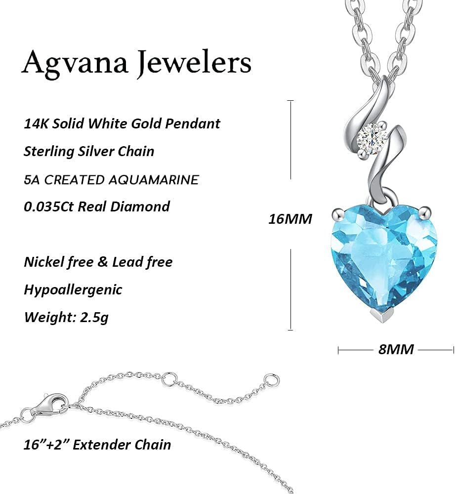 14K Solid White Gold Diamond Gemstone Pendant with Sterling Silver Chain 8Mm Heart Birthstone Necklace Fine Jewelry Anniversary Birthday Gifts for Women Mom Wife