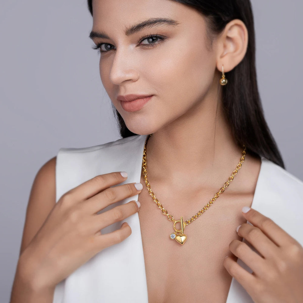 JIUZUAN Heart Pendant Chain Necklace 18K Gold Plated 925 Silver Toggle Clasp Design for Women Gift Comes with GRA Certificate