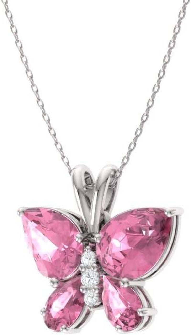 Natural and Certified Gemstone and Diamond Butterfly Petite Necklace in 14K White Gold | 1.04 Carat Pendant with Chain