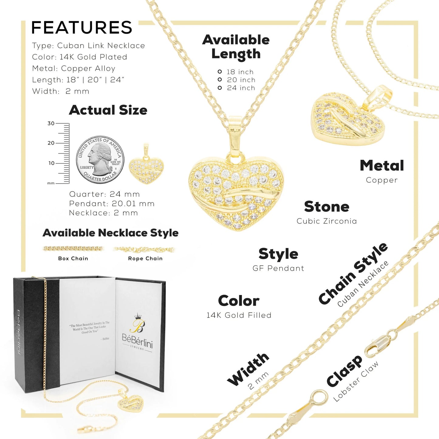 Heart CZ Charm 14K Gold Filled Cuban Chain Pendant Necklace Jewelry Women 20"