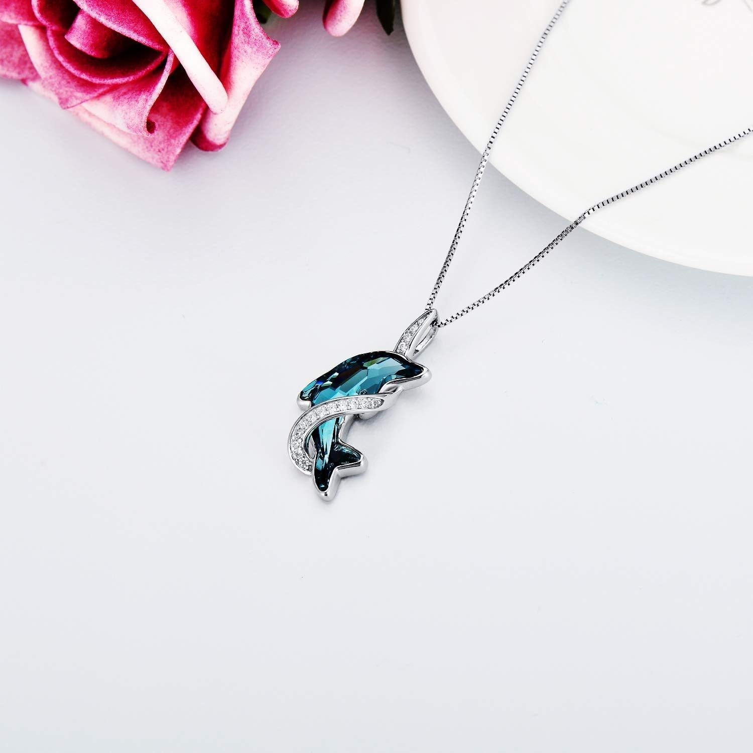 Dolphin Gifts for Women Sterling Silver Dolphin Crystal Pendant Necklace Jewelry Gifts for Women Mom on the Birthday Beach Mothers Day Graduation