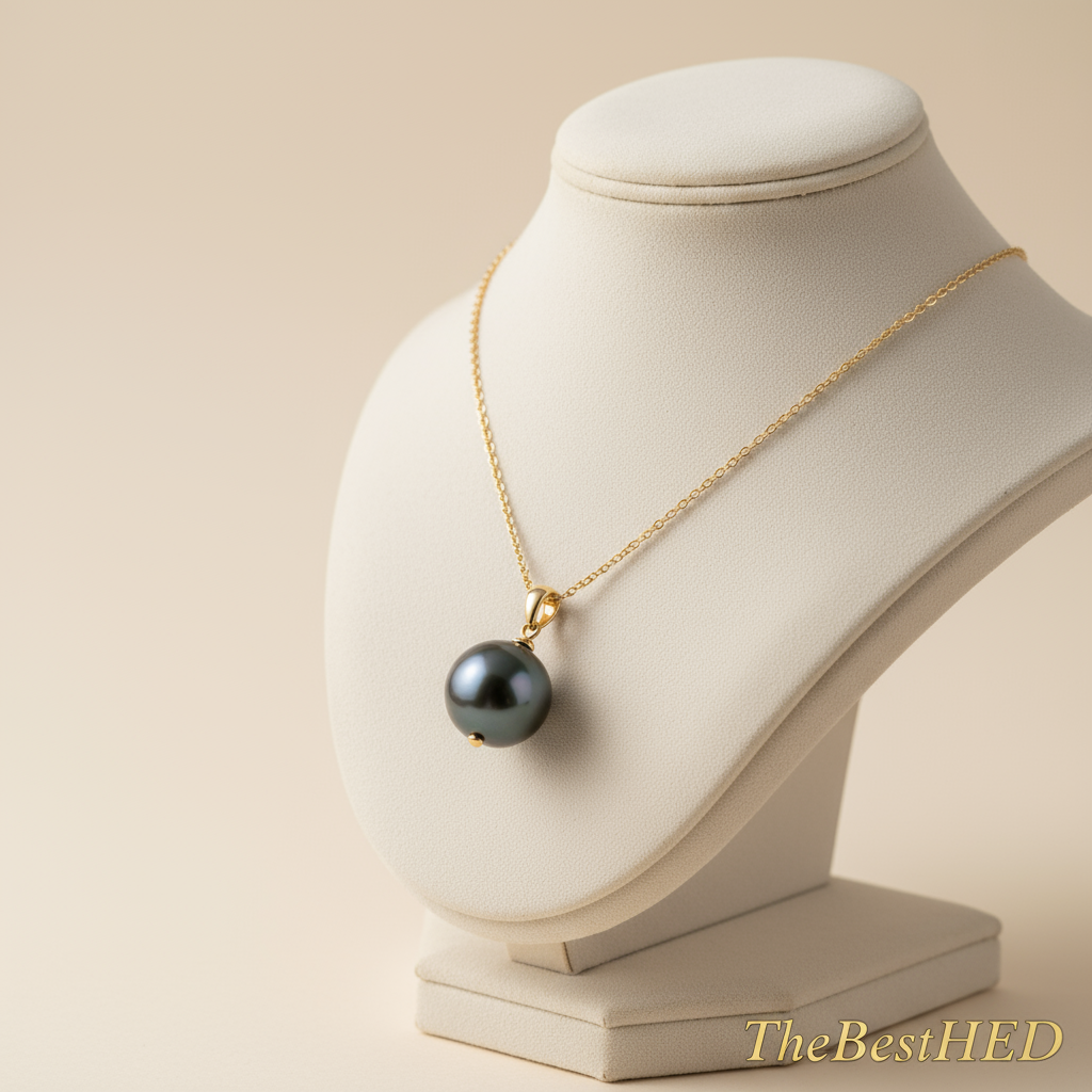 18K Gold Black Pearl Pendant - Pearl Background with Logo