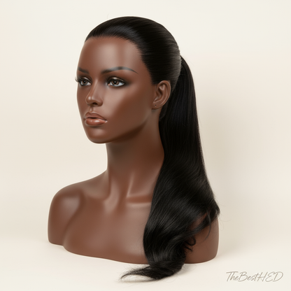 Jet Black Ponytail - Pearl Background with Logo