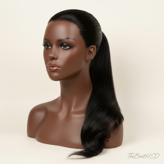 Jet Black Ponytail - Pearl Background with Logo