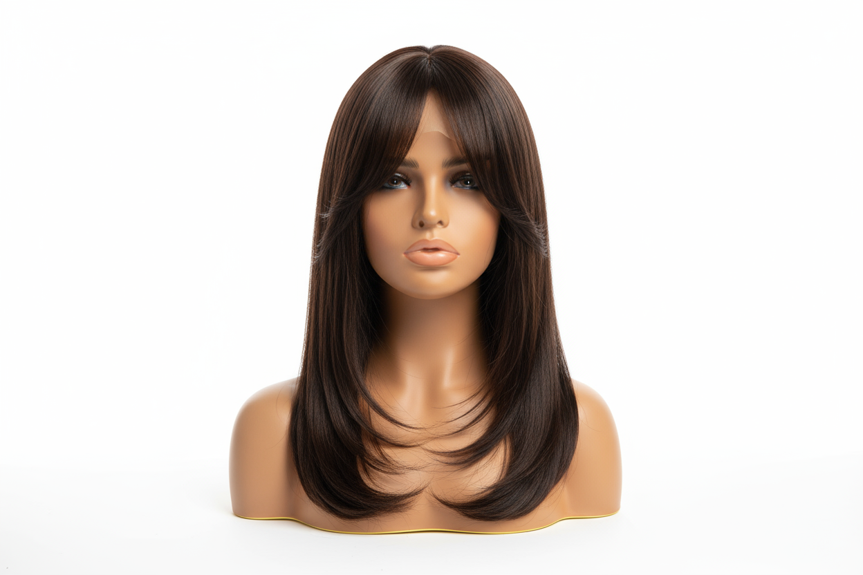 Layered lace front wig on tan mannequin