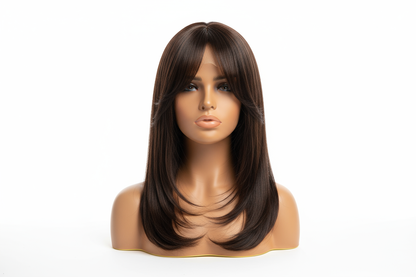 Layered lace front wig on tan mannequin