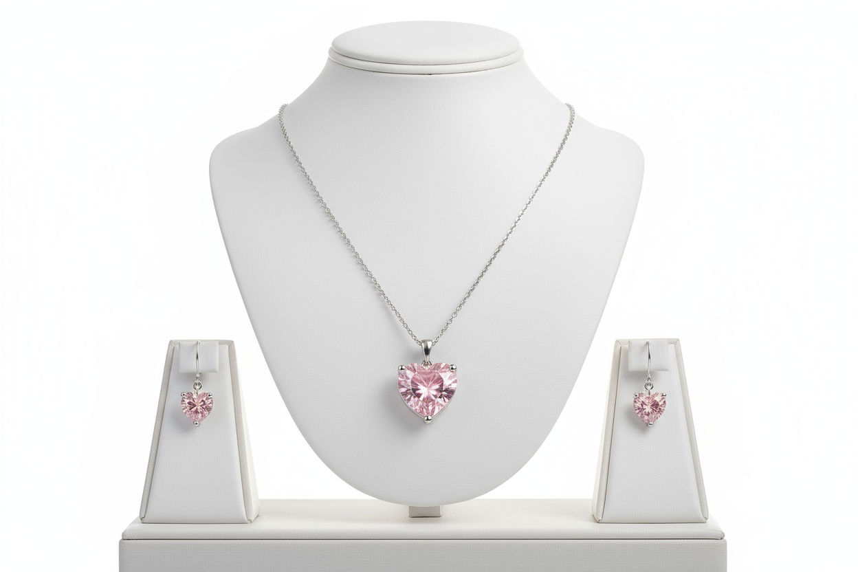 Moissanite Pink Heart Necklace and Earring Set 2Ct with Diamond Test Certification, S925 Silver Women's Jewelry Gift